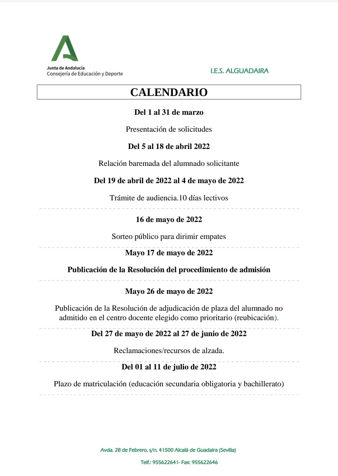 CALENDARIO ESCOLARIZACION